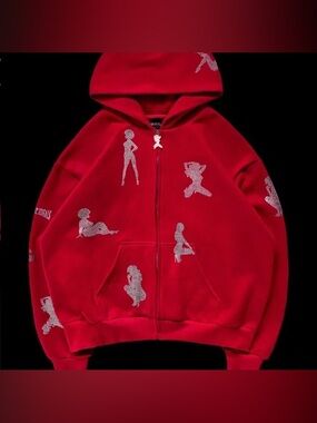 Named Collective Unrealistic Ideals Rhinestone Zip-Hoodie in Red, Size M/L